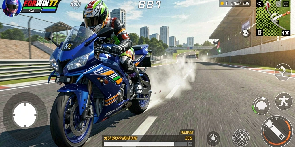 Tampilan gameplay FORWIN77 yang mendebarkan saat balap motor.