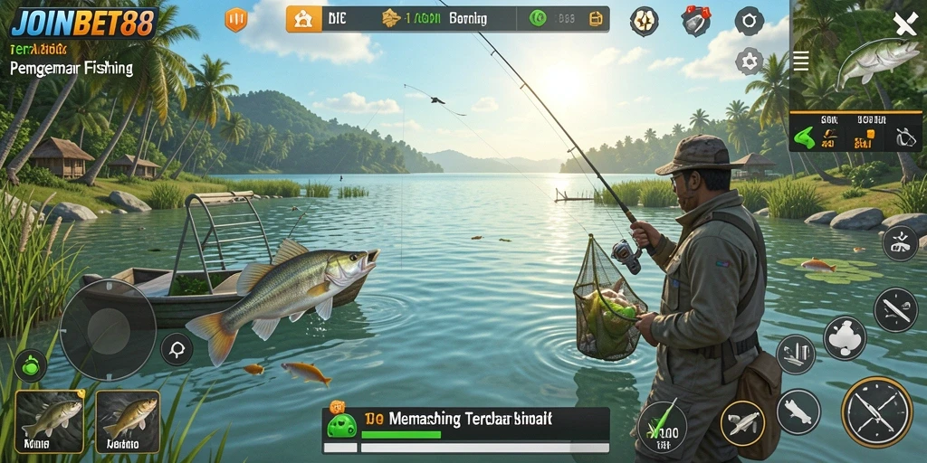 Tampilan gameplay JOINBET88 menampilkan aksi memancing yang seru dan interaksi pengguna.