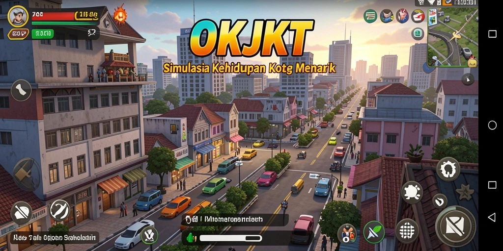 Tampilan gameplay yang menarik dari OKJKT, simulasi kehidupan kota.