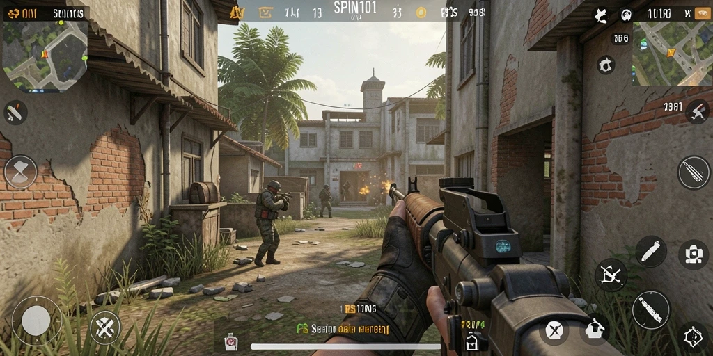 Screenshot menunjukkan pertempuran intens dalam game FPS.