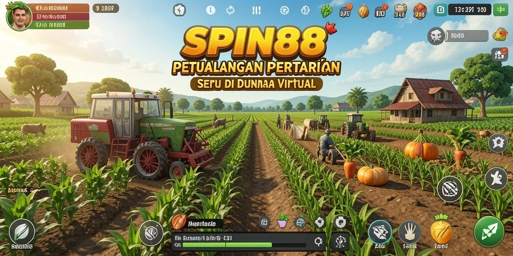 Tampilan gameplay SPIN88 yang menampilkan ladang penuh dengan tanaman subur.